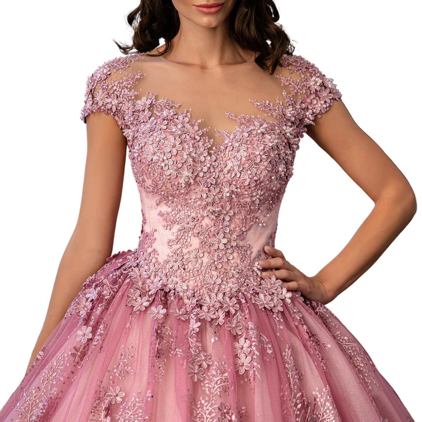 Quinceañera Dress Dusty Rose Ball Gown with Sparkling Floral Lace, Sweet 15 Puffy Princess Gown, Custom Made Quince Dress