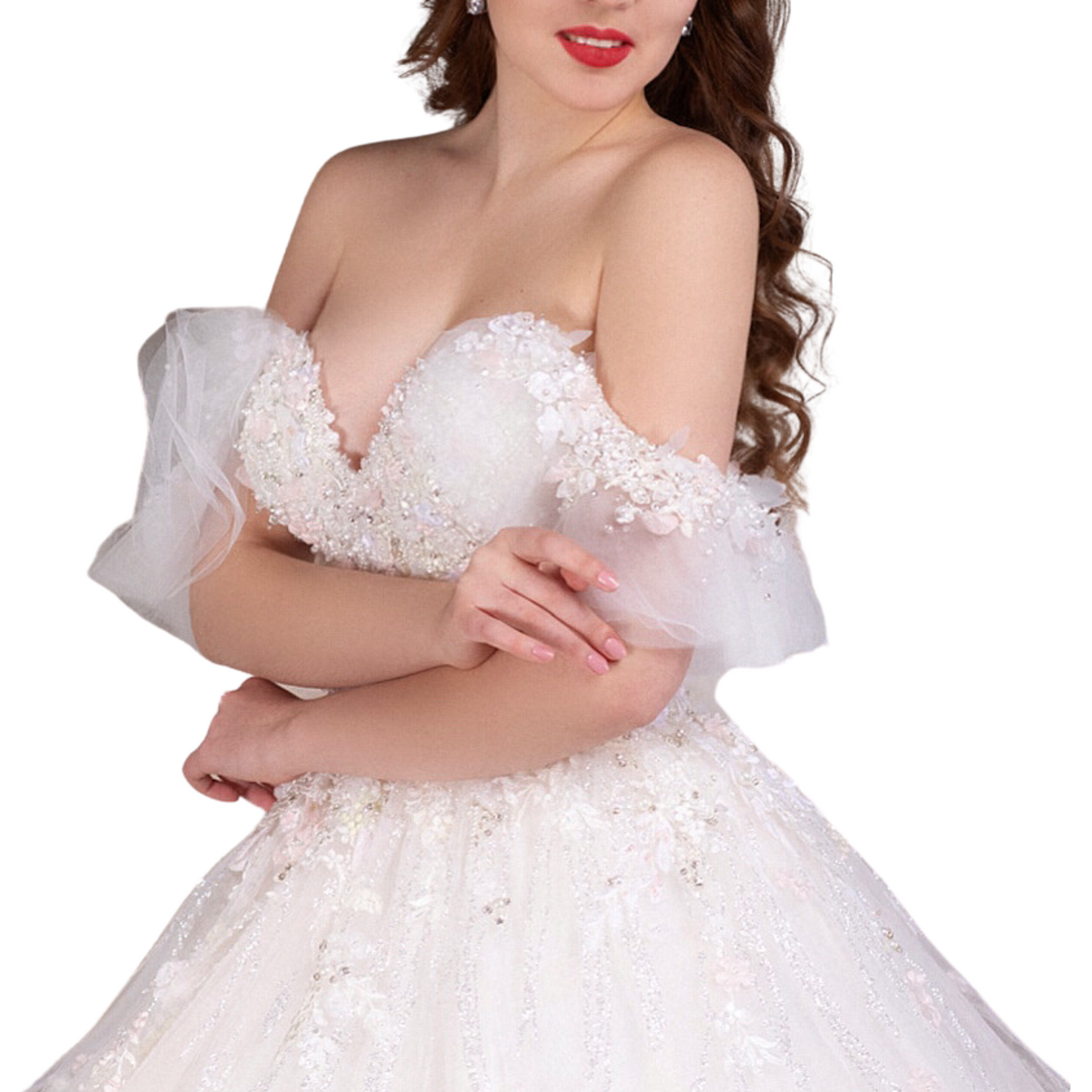 Quinceañera Dress Off Shoulder Ball Gown | Floral Applique White Tulle Gown