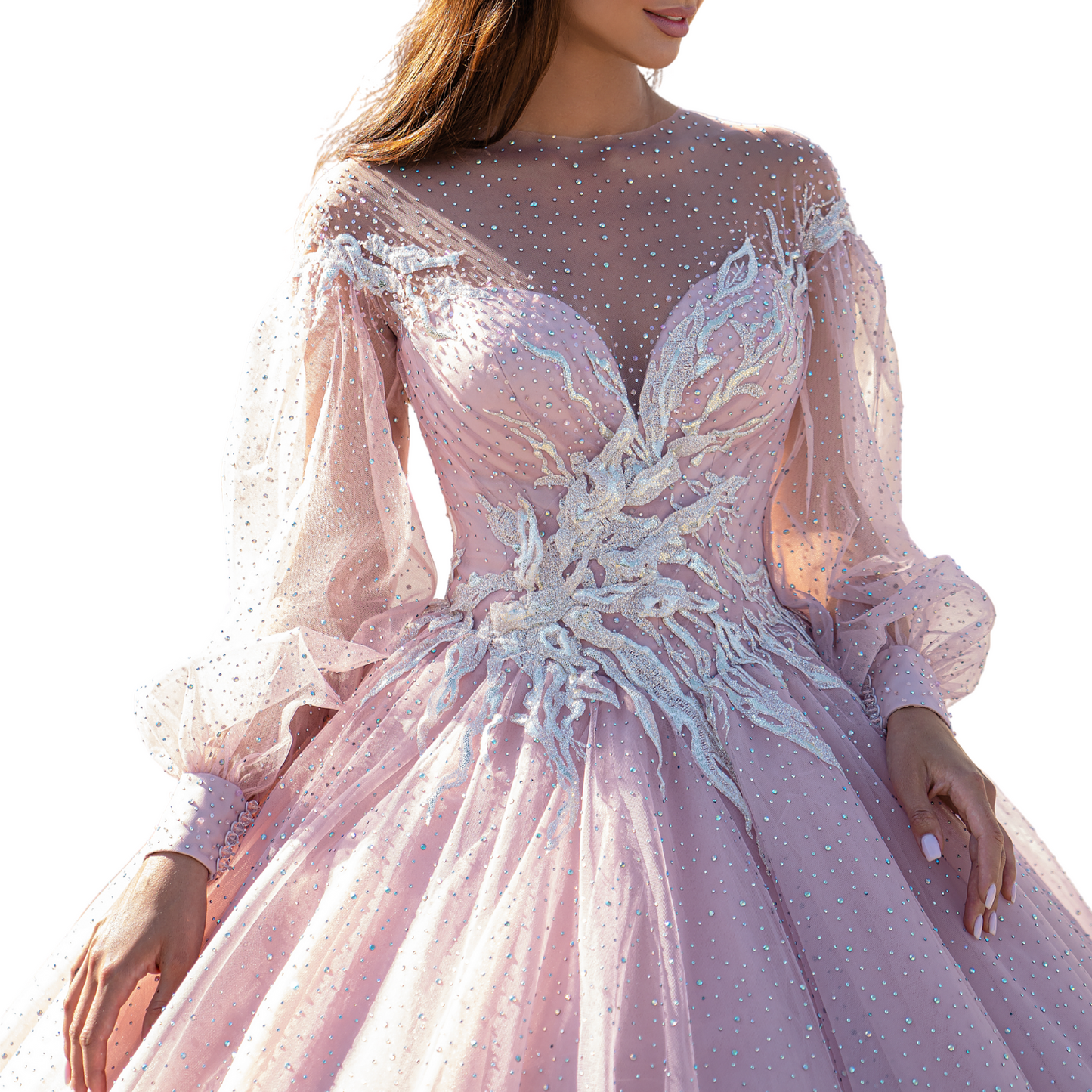 Quinceañera Dress Pink Puffy Gown with Sparkly Sheer Sleeves and Beaded Appliques, Sweet 15 Ball Gown, Custom Size