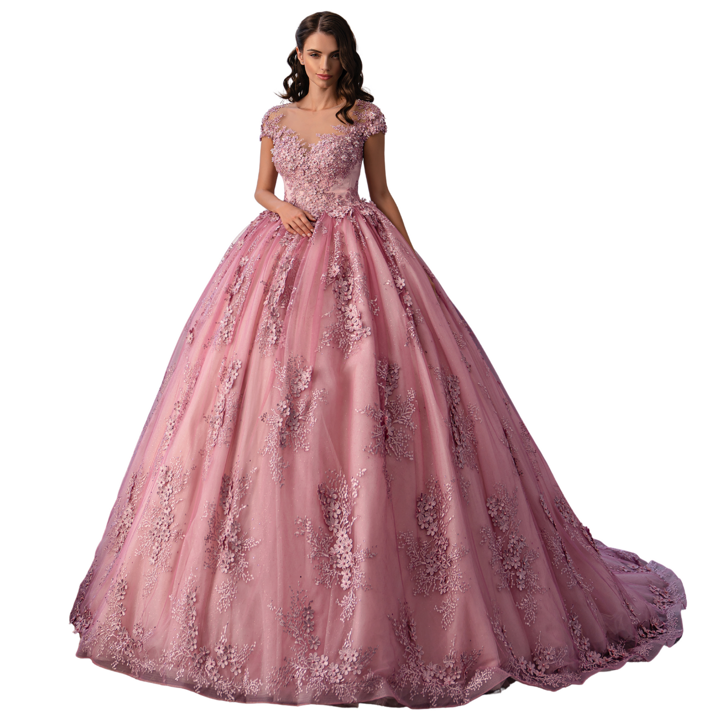 Quinceañera Dress Dusty Rose Ball Gown with Sparkling Floral Lace, Sweet 15 Puffy Princess Gown, Custom Made Quince Dress