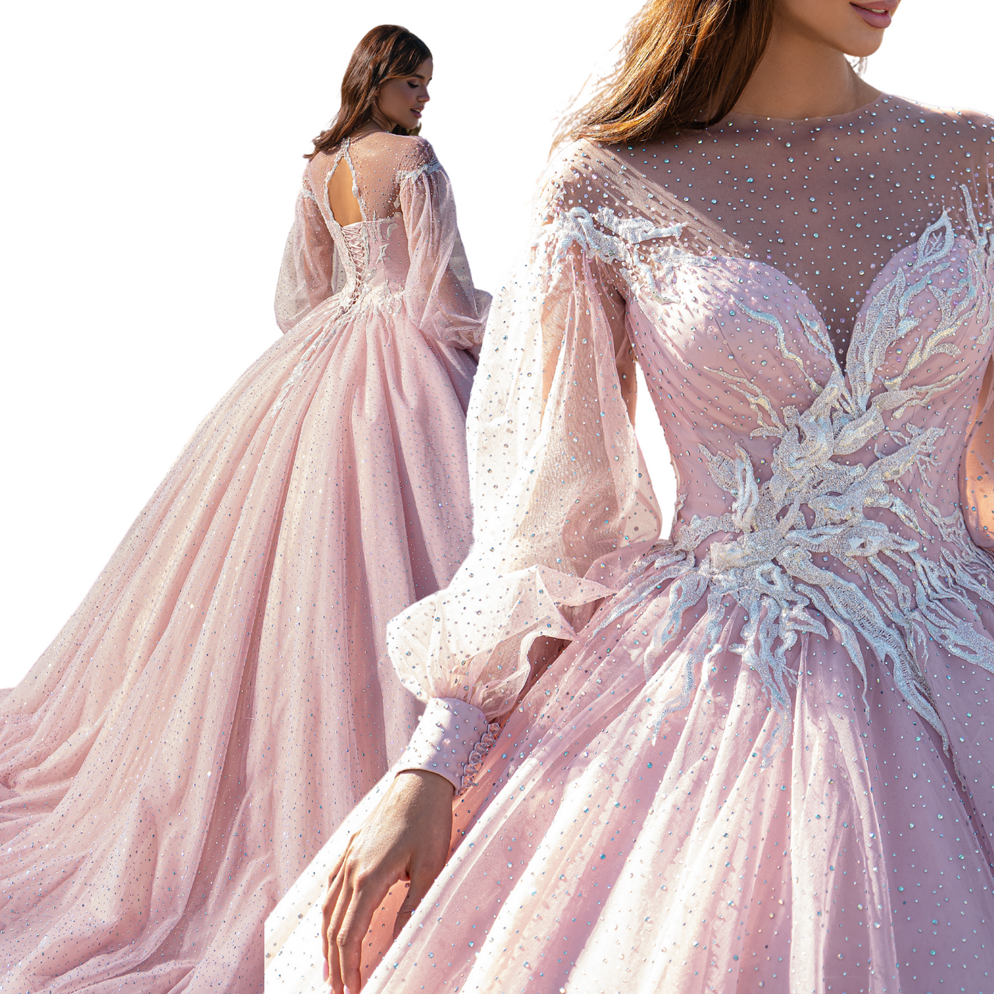 Quinceañera Dress Pink Puffy Gown with Sparkly Sheer Sleeves and Beaded Appliques, Sweet 15 Ball Gown, Custom Size