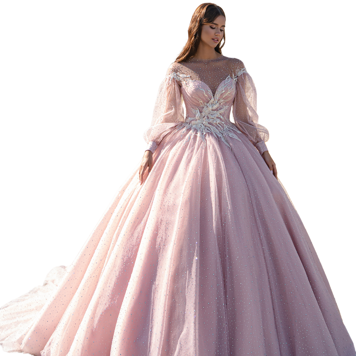 Quinceañera Dress Pink Puffy Gown with Sparkly Sheer Sleeves and Beaded Appliques, Sweet 15 Ball Gown, Custom Size