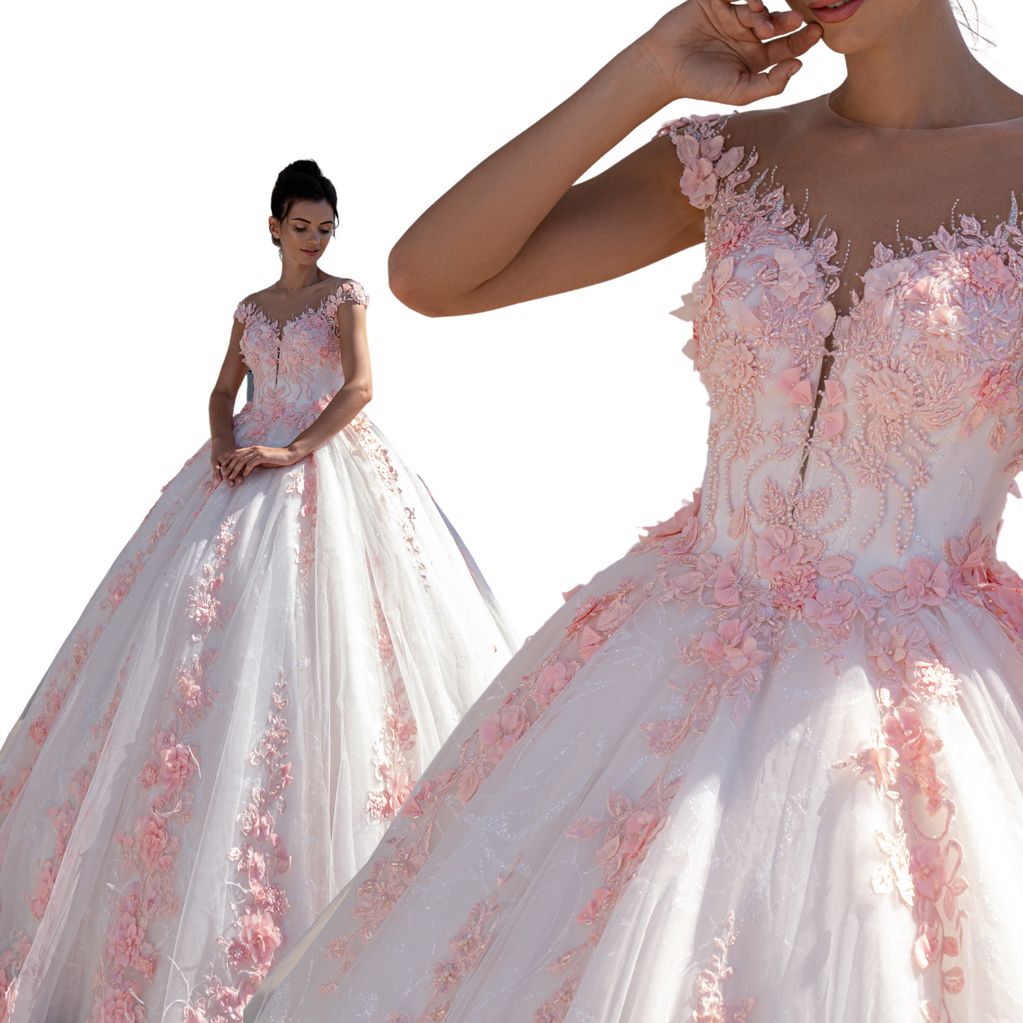 Quinceañera Dress Pink White Floral Lace Ball Gown, Off Shoulder Puffy Sweet 15 Gown, Custom Princess Dress