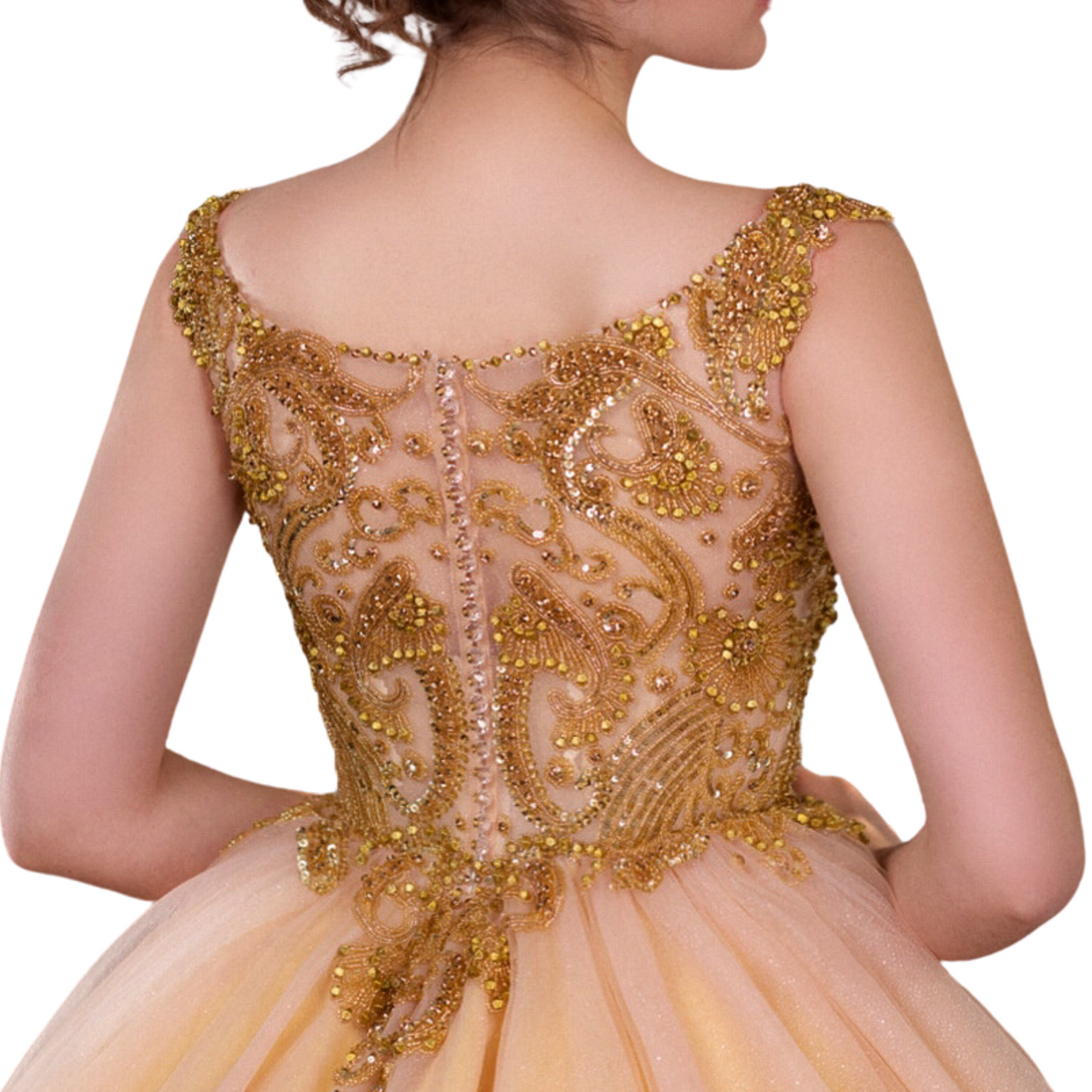 Gold Quinceañera Dress – Elegant Ball Gown with Beaded Bodice and Corset Back – Custom Sweet 15 Dress Handmade