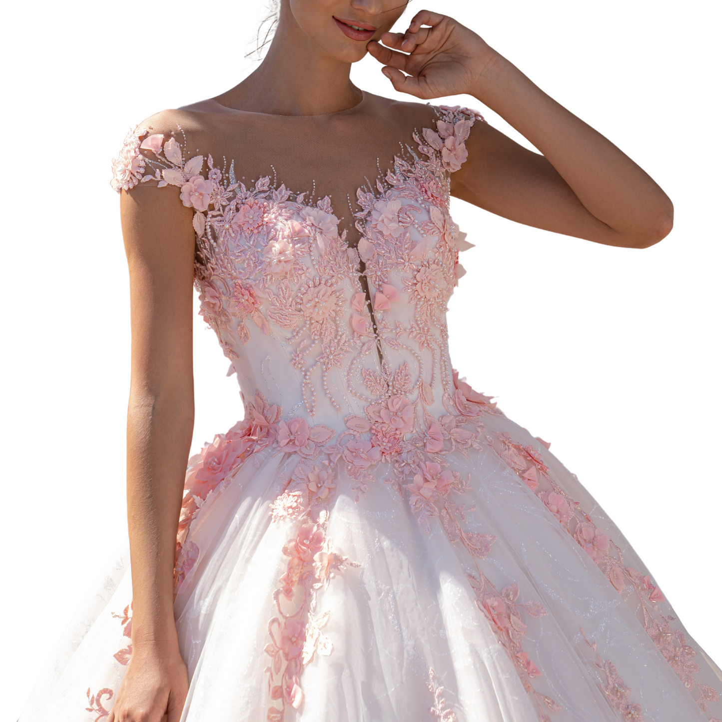 Quinceañera Dress Pink White Floral Lace Ball Gown, Off Shoulder Puffy Sweet 15 Gown, Custom Princess Dress