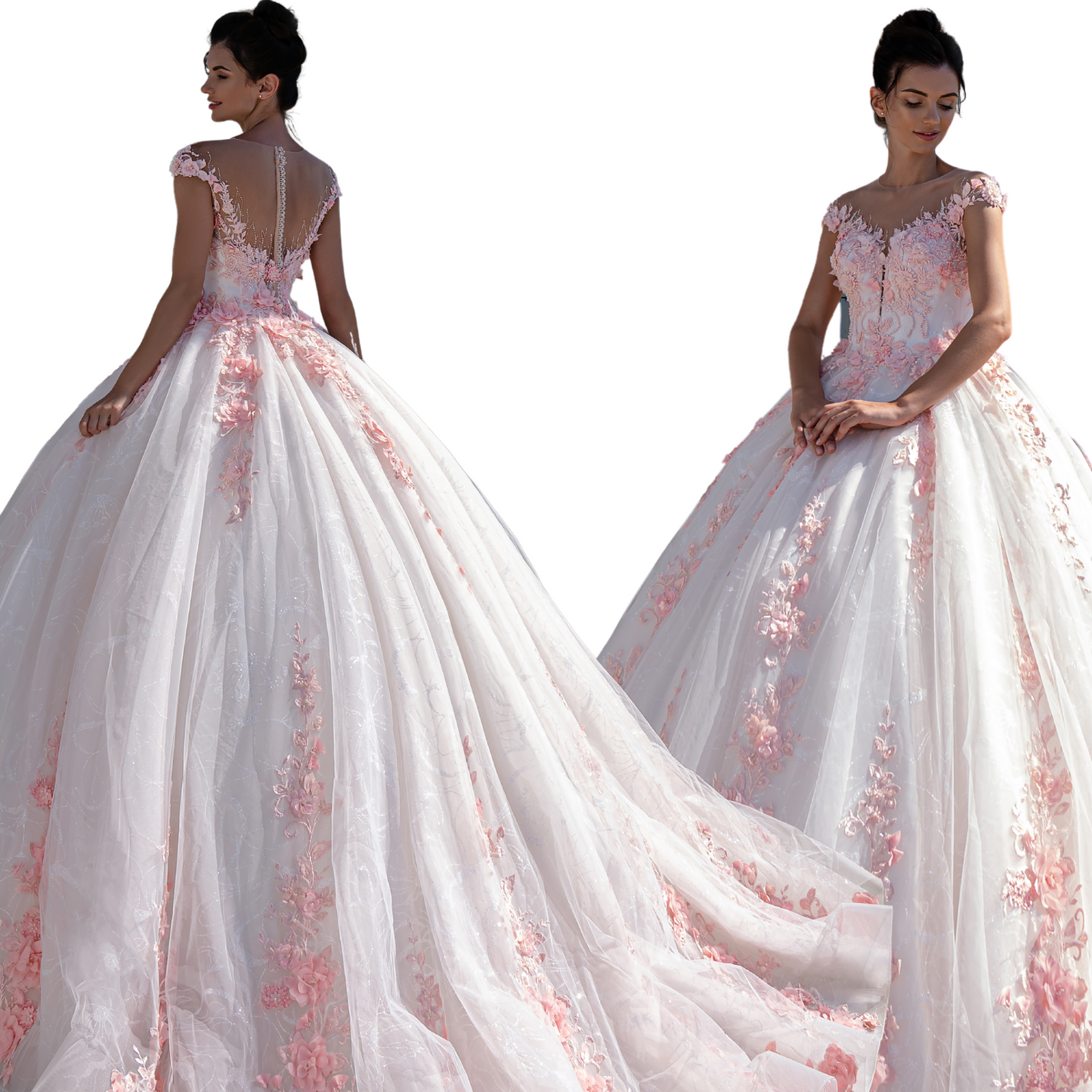 Quinceañera Dress Pink White Floral Lace Ball Gown, Off Shoulder Puffy Sweet 15 Gown, Custom Princess Dress