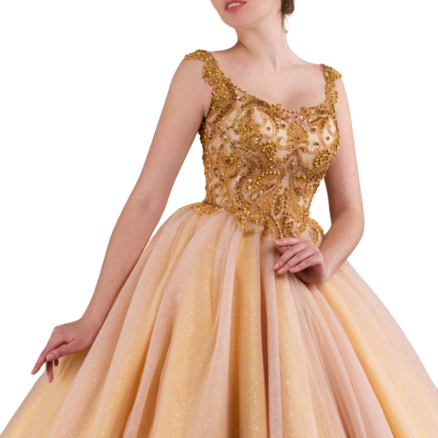 Gold Quinceañera Dress – Elegant Ball Gown with Beaded Bodice and Corset Back – Custom Sweet 15 Dress Handmade