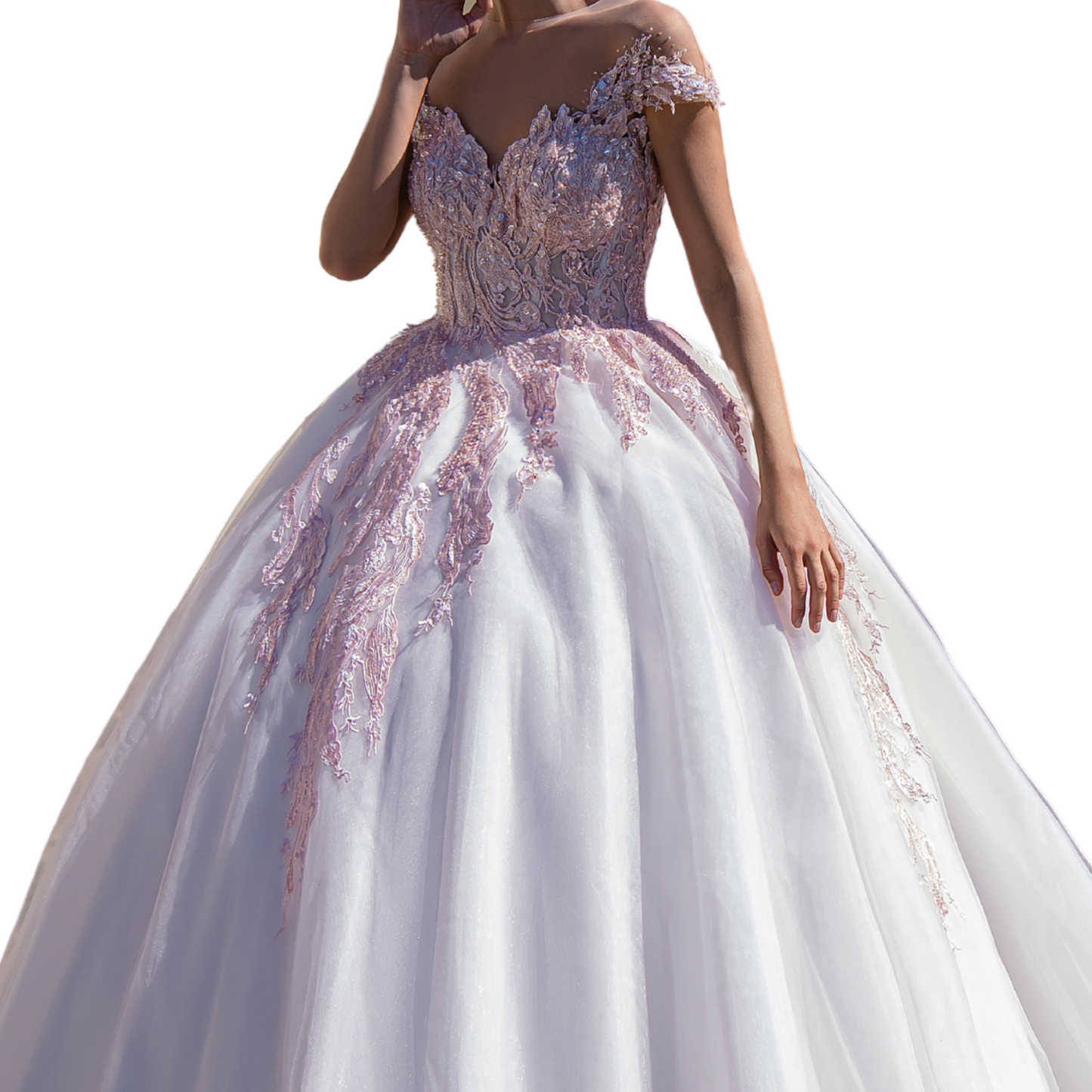Quinceañera Dress White and Blush Ball Gown, Sweet 15 Princess Dress with Lace Appliqué and Open Back